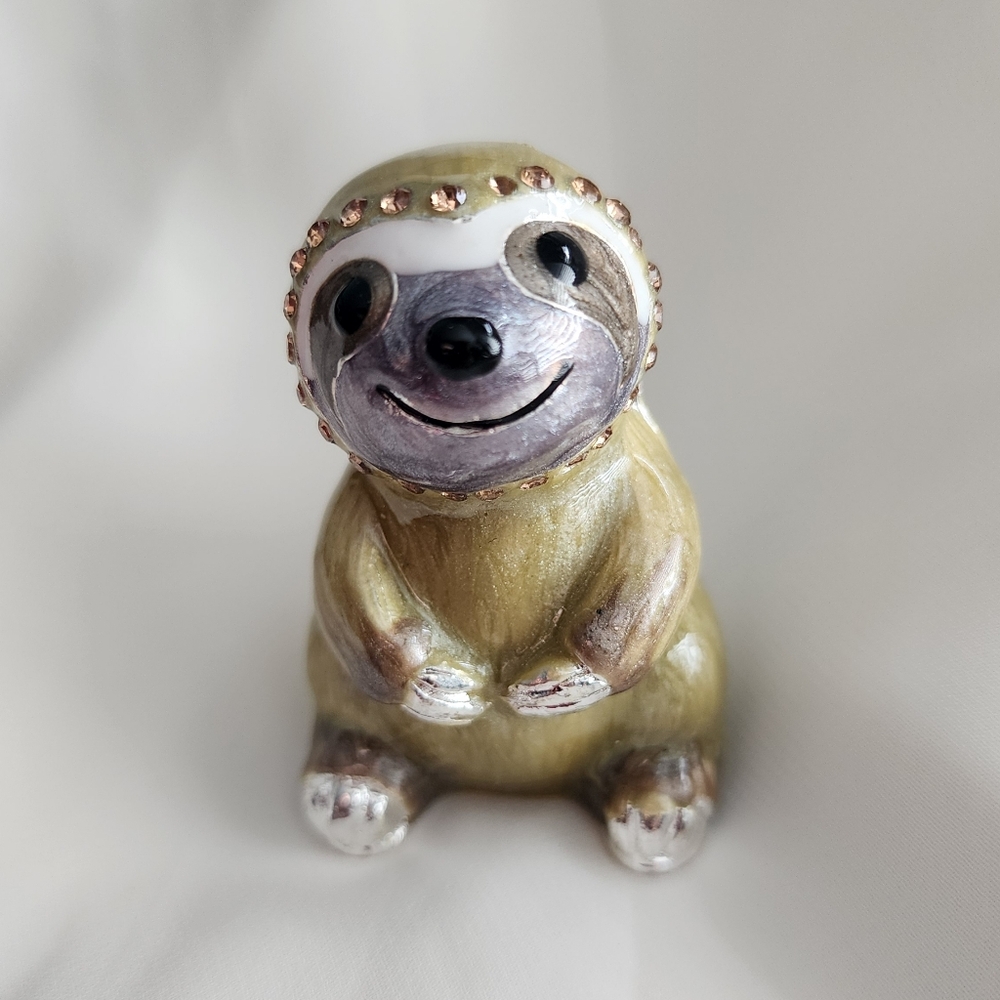 Adorable Sloth Figurine Trinket Jewelry Proposal Ring Box Rhinestone Enamel